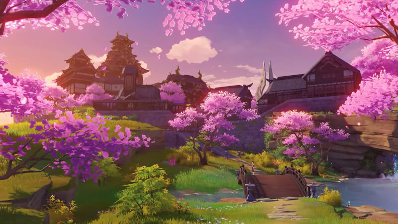 バージョン 2.0で追加された新エリア「稲妻」。お城や鳥居など、日本がモチーフになっているようで、とっても親近感。時間帯によって変化する景色が綺麗なのだ。